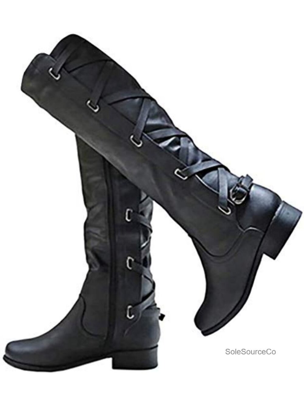 Womens Knee High Motorcycle Boots Lace Up Strappy Low Heel Combat